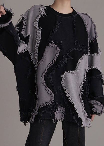 Black O-neck Patchwork Cotton Sweatshirts Long Sleeve