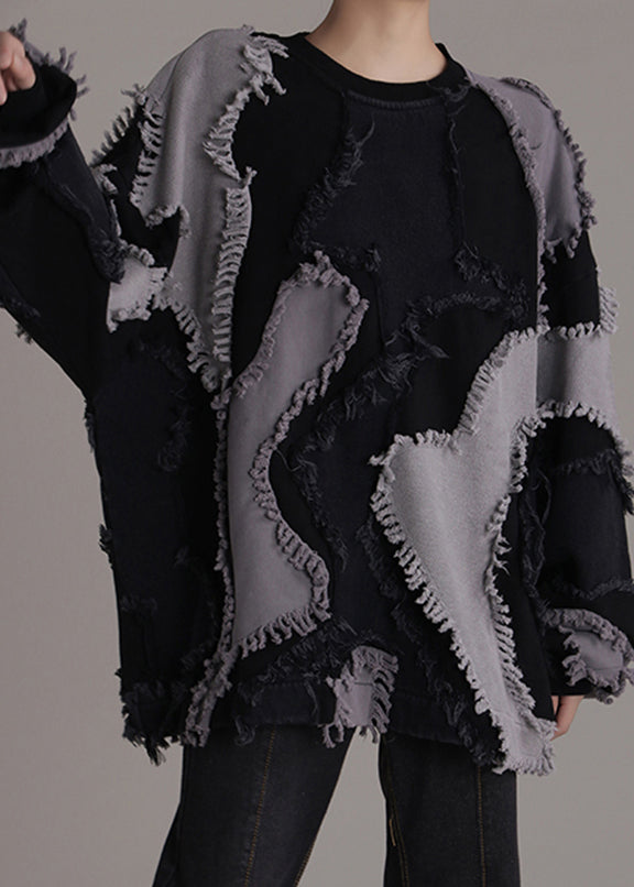 Black O-neck Patchwork Cotton Sweatshirts Long Sleeve