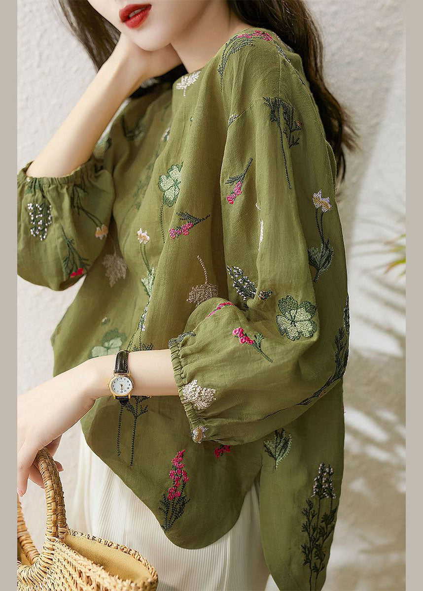 Green O-neck Embroideried Patchwork Cotton Tops Summer