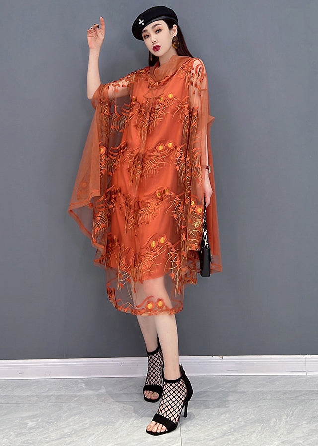 Stylish Orange Embroideried Turtle Neck Tulle Upf 50+ Dress Batwing Sleeve