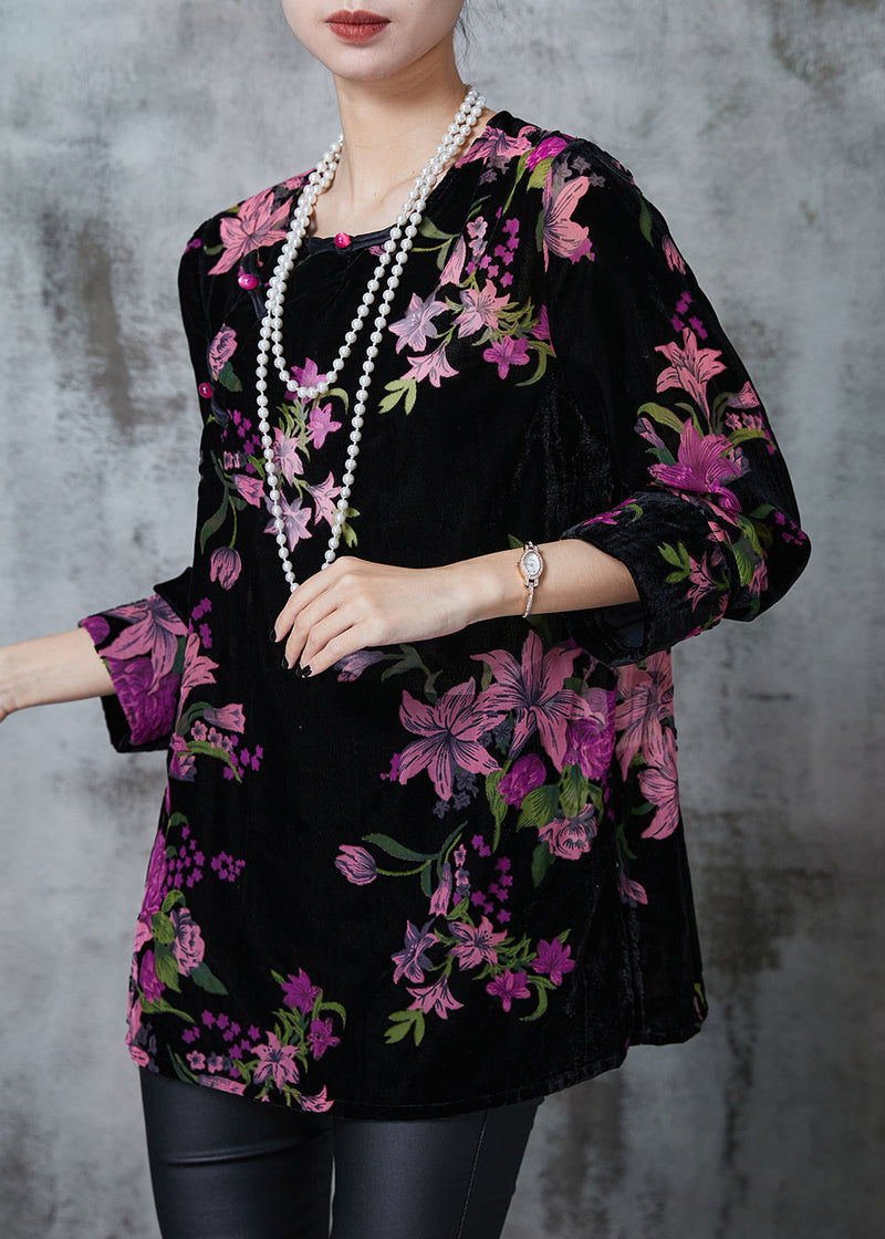 Black Print Chinese Button Silk Velour Shirt Fall