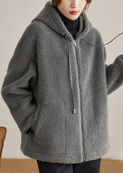 Grey Hooded Pockets Patchwork Woolen Coats Winter