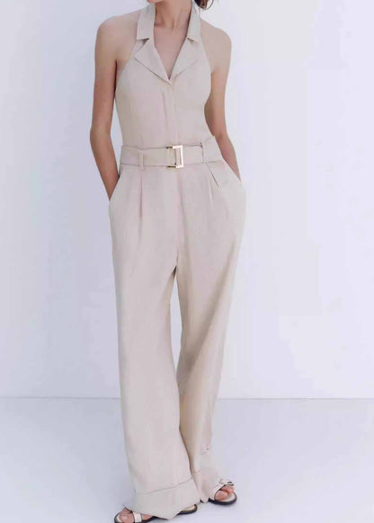 Beige Halter Pockets Cotton Jumpsuit Sleeveless