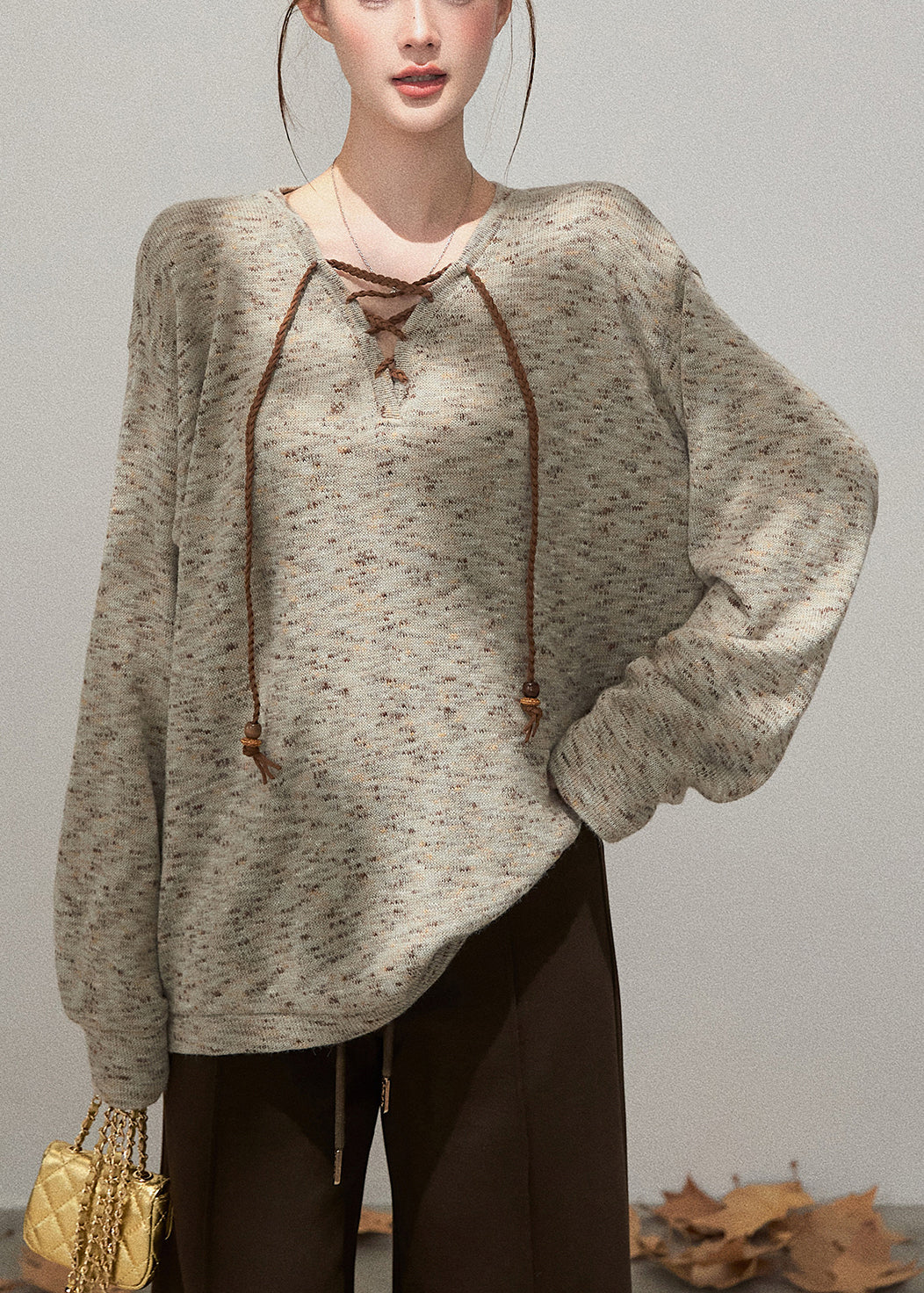 Style Khaki Oversized Knit Sweatshirt Fall