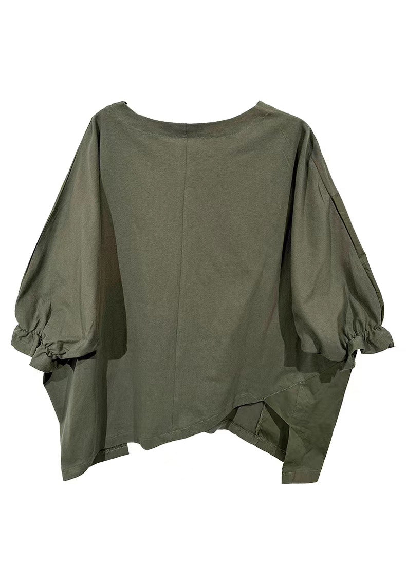 Army Green Asymmetrical Ruffled Cotton T Shirt Half Sleeve