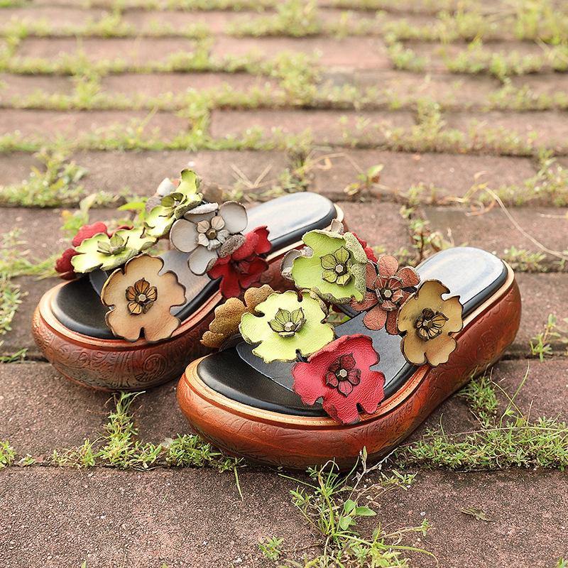 Wedge Orange Cowhide Leather Slide Sandals