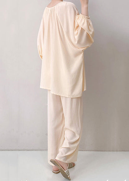 Apricot Oversized Cotton Fall Pajamas Two Pieces Set V Neck
