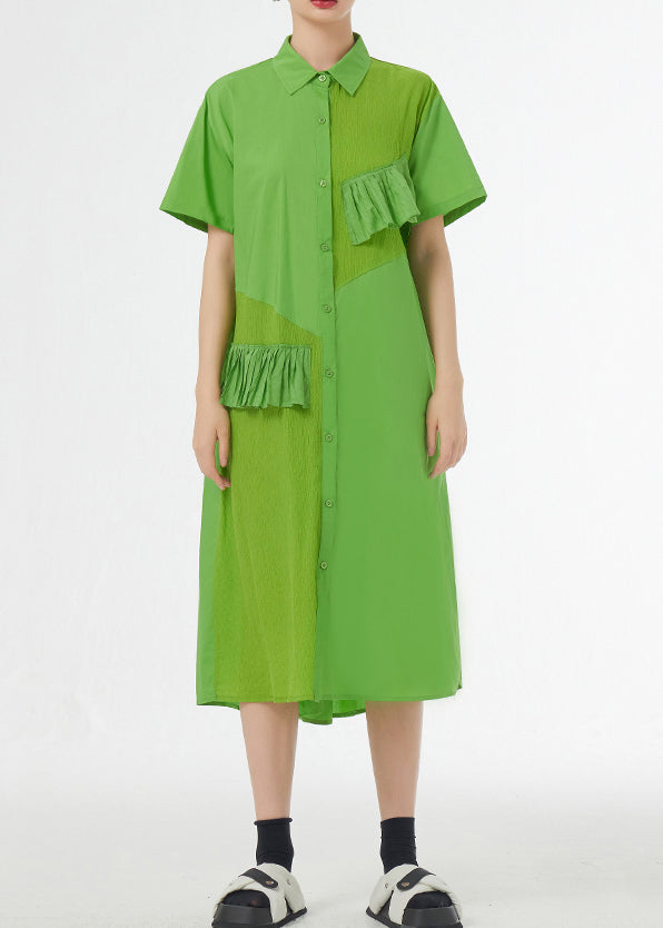 Grass Green Ruffled Button Patchwork Cotton Shirts Dress Summer