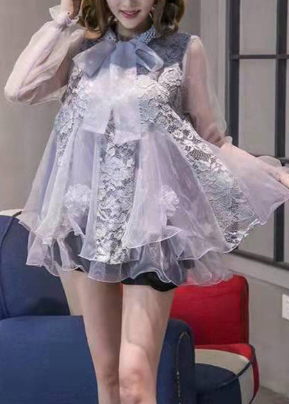 Stylish Silver Ruffled Patchwork Organza Tops Spring