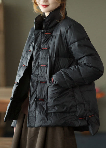 Red Stand Collar Button Pockets Low High Design Winter Down Coat