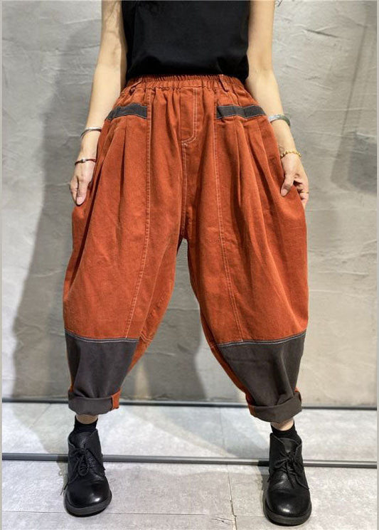 Orange Pockets Cotton Pants Spring