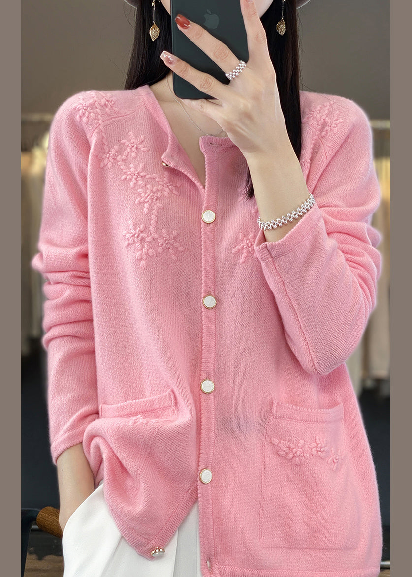 Pink O-neck Cashmere Knit Cardigan Fall