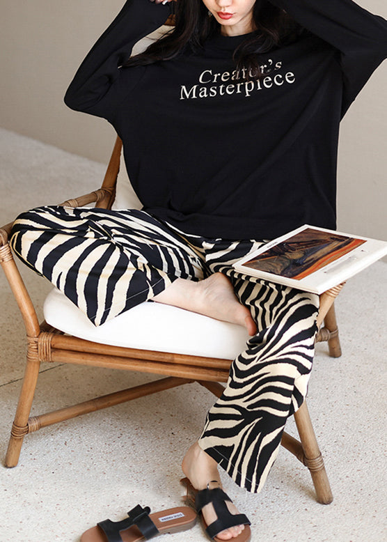 Black O-neck Graphic T Shirts and Straight Pants Two Pieces Set Long Sleeve