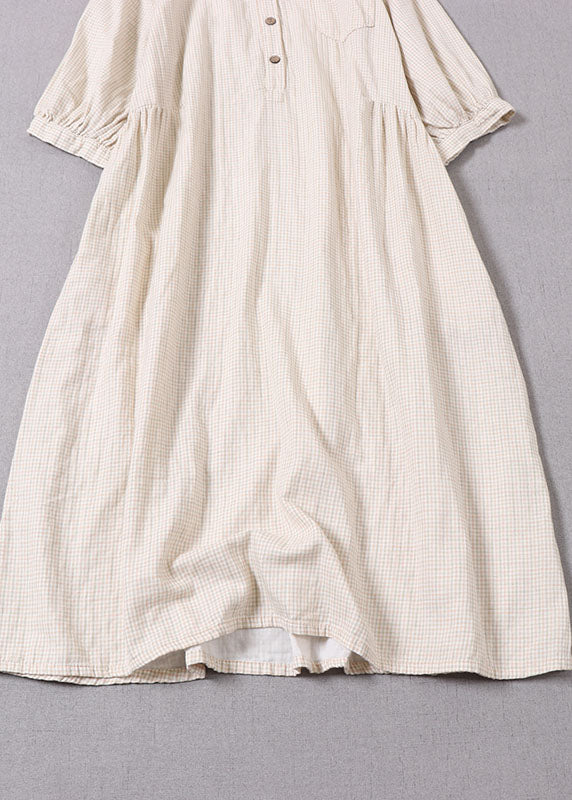Fine Beige Stand Collar Plaid Cotton Vacation Dresses Half Sleeve