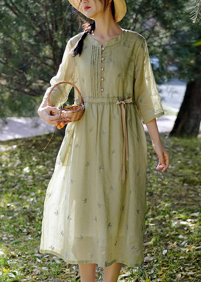 Green Tie Waist Linen Dresses O-neck Bracelet Sleeve