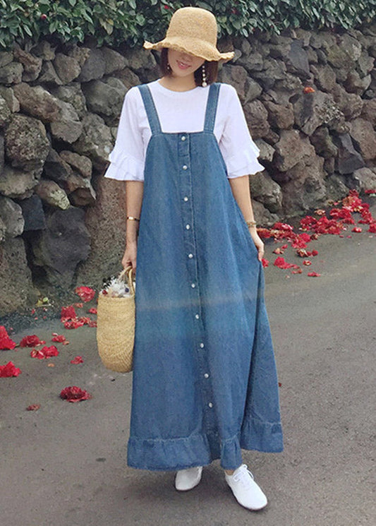 Blue Ruffled Button Spaghetti Strap Long Dress Sleeveless