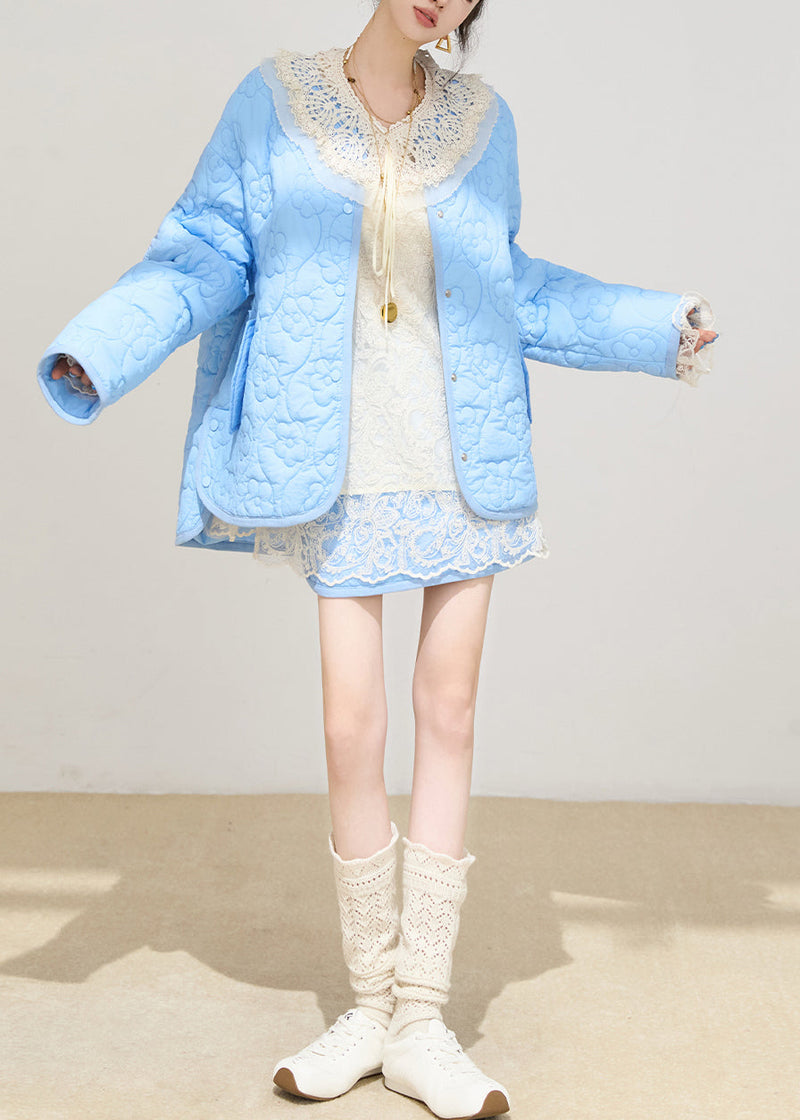 Blue Oversized Embossing Fine Cotton Filled Jacket Winter