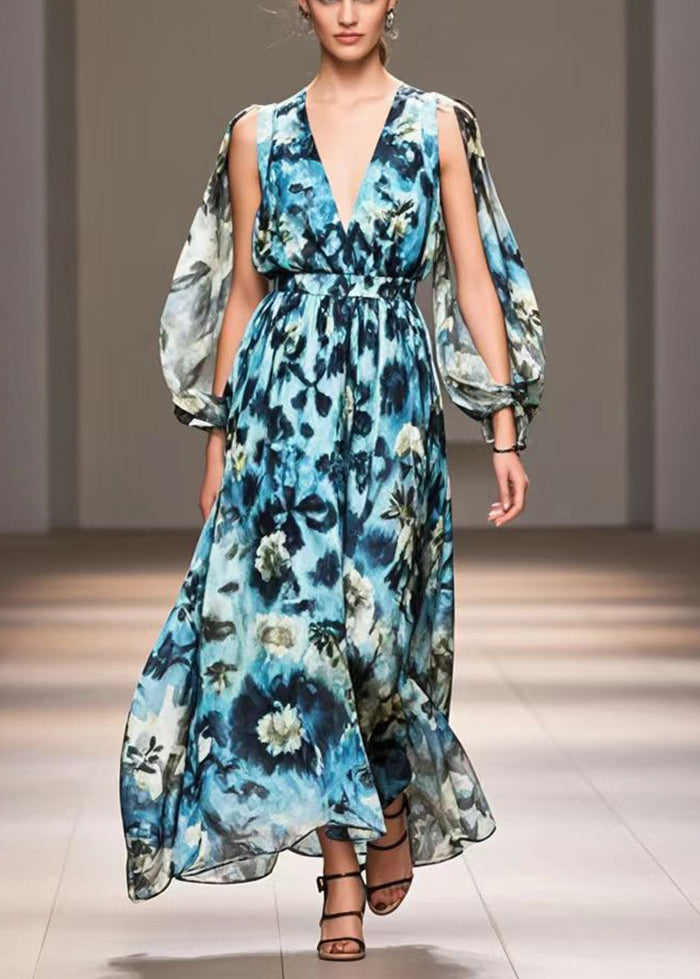 Blue Print Exra Large Hem Chiffon Long Dress Fall