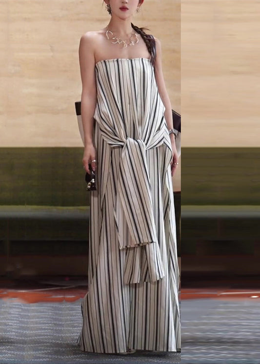 Italian White Cold Shoulder Striped Tie Waist Cotton Ankle Dress Sleeveless