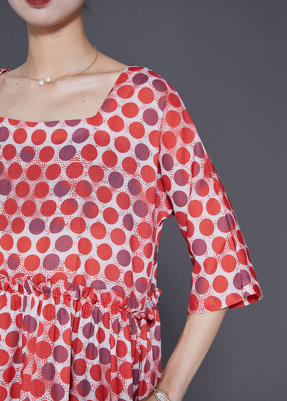 Red Square Collar Ruffled Print Robe Dresses Half Sleeve