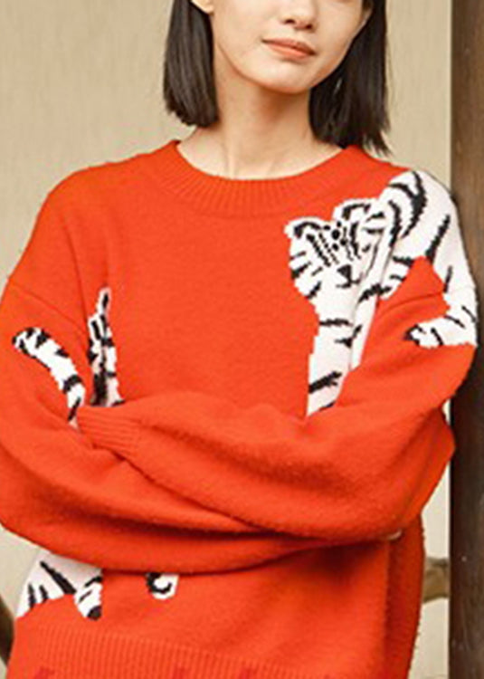 Handmade Red O-neck Cartoon Print Thick Woolen Sweaters Long Sleeve