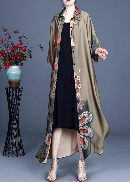 Loose Green Print Spring Long Sleeve Long Loose Coat