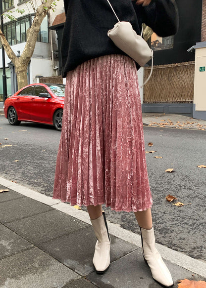 Simple Pink Wrinkled Elastic Waist Silk Velour Skirts Spring