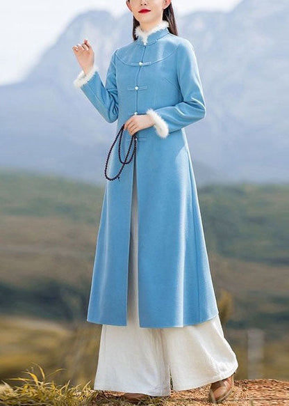 Unique Blue Patchwork Chinese Button Woolen Coat and Pants Two Pieces Set Spring