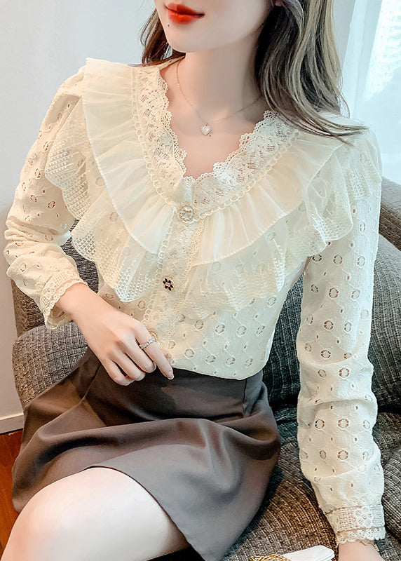 Apricot Ruffled Hollow Out Patchwork Lace Shirts Fall
