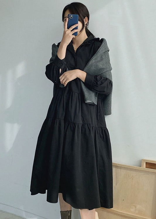 Black Ruffled Wrinkled Cotton Dress Spring