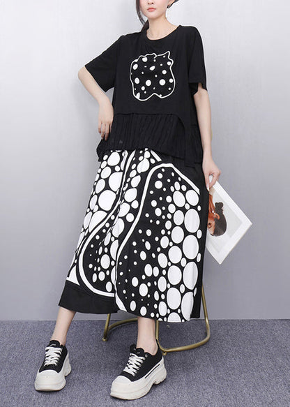 Black Print Patchwork Cotton Two Pieces Set Summer