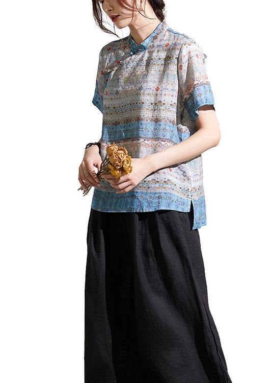 Grey Blue Print Chinese Style Summer Ramie Short Sleeve Shirts