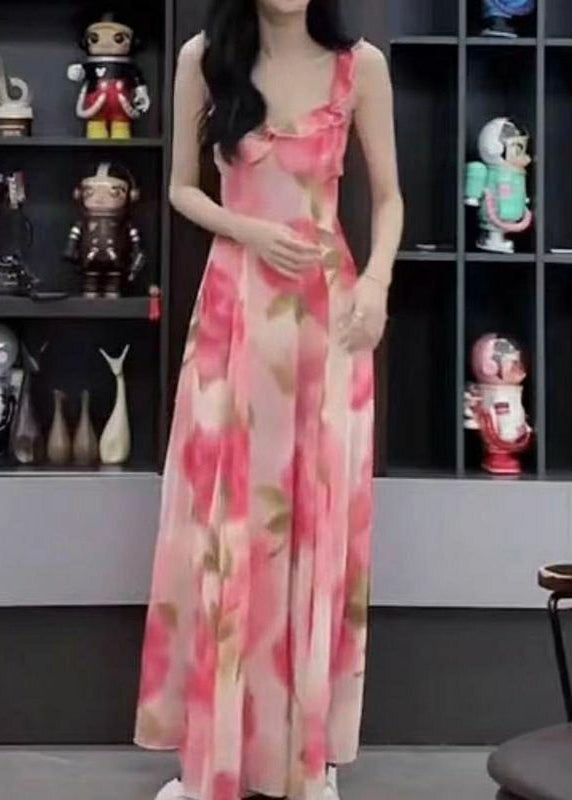 Pink Ruffled Print Chiffon Spaghetti Strap Dress Sleeveless