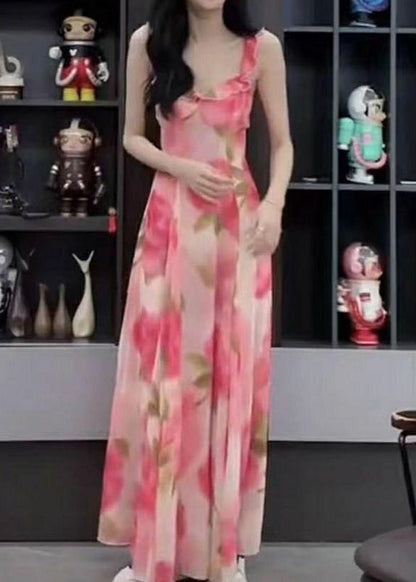 Pink Ruffled Print Chiffon Spaghetti Strap Dress Sleeveless
