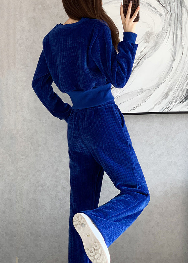Natural Blue O-neck Top and Wide Leg Pants Two Pieces Set Long Sleeve