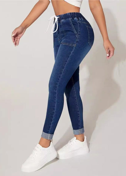 Loose Navy Lace Up Elastic Waist Denim Denim Crop Pants Summer