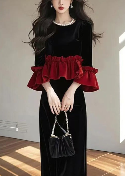 New Black Ruffled Tops and Skirts Patchwork Silk Velvet Two Pieces Set Fall