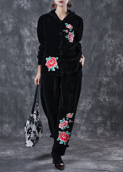 Black Oriental Corduroy Two-piece Set Embroideried Hooded Spring