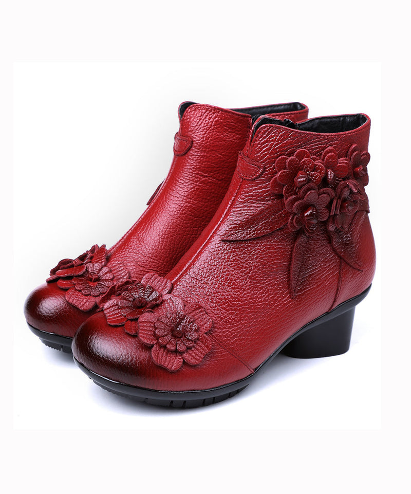 Red Chunky Cowhide Leather Comfy Splicing Boots