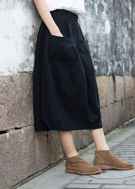 Modern Black Elastic Waist Patchwork Linen a Line Skirt Fall