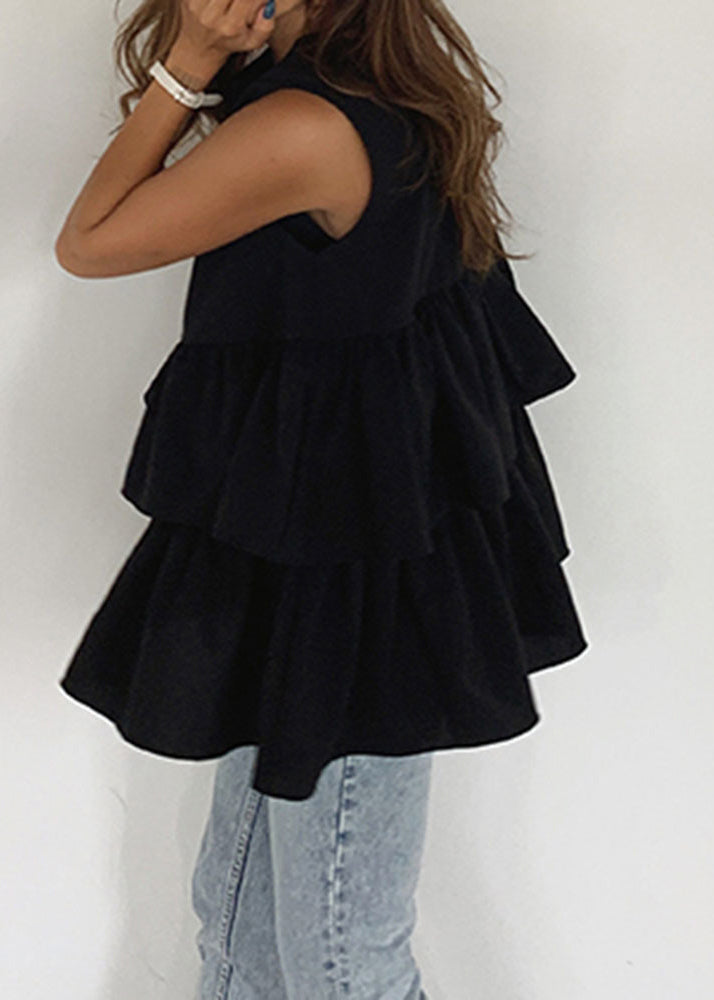 French Black Ruffled Cotton a Line Tank Sleeveless