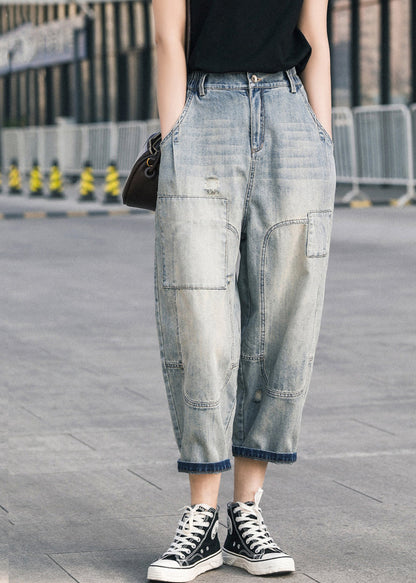 Blue Oversized Patchwork Applique Denim Ripped Pants Summer