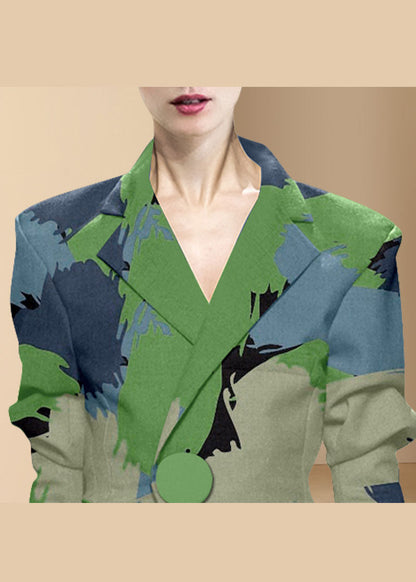 Green Button Peter Pan Collar Print Western-style Clothes Coat Long Sleeve