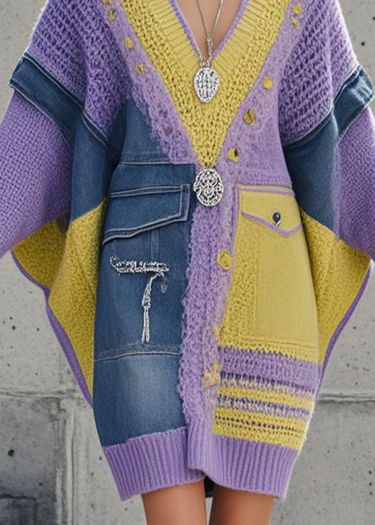 Purple Asymmetrical Patchwork Denim Long Sweater Batwing Sleeve