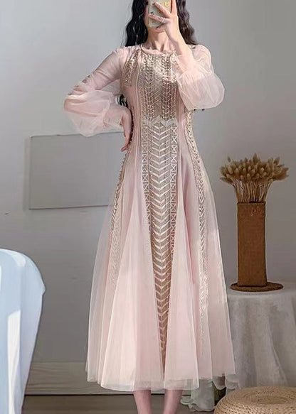 New Pink Mesh Tulle Nail Bead Bubble Sleeve Dress