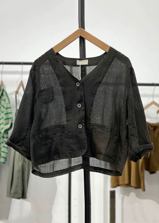 Black Pockets Linen Cardigan V Neck Long Sleeve