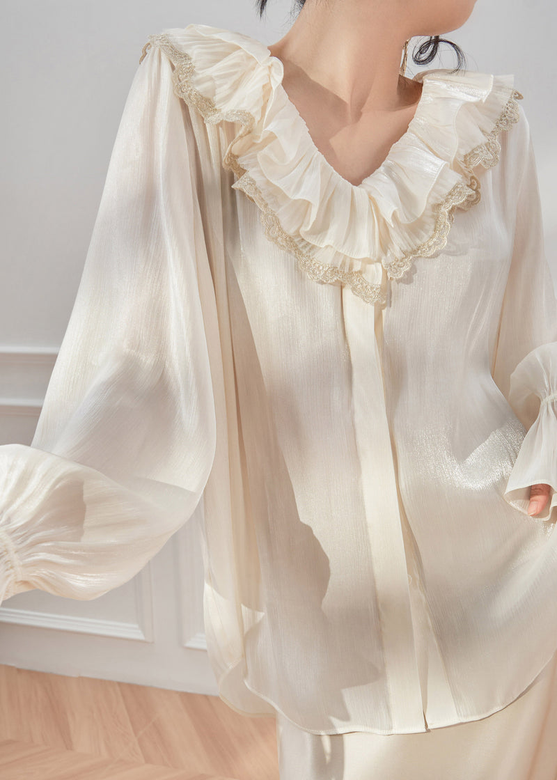 White V Neck Ruffled Shirts Spring