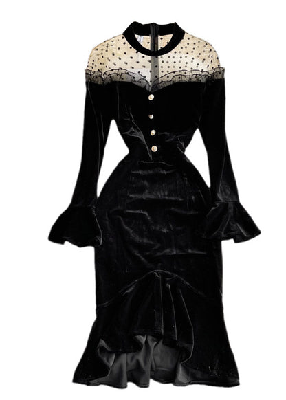 Black O-neck Tulle Patchwork Tunic Button Velour Maxi Dresses Long Sleeve