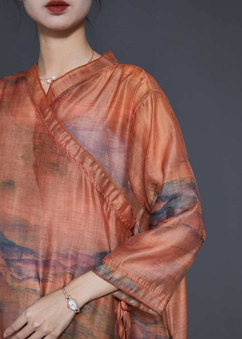 Caramel Oversized Print Linen Robe Dresses Summer