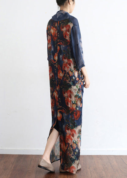 Blue V Neck Asymmetrical Print Chiffon Dress Two Pieces Set Half Sleeve